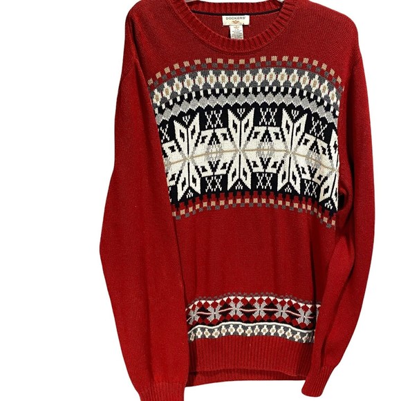 DOCKERS Other - Dockers Sweater Sz L Mens Red Black Cotton Crew Neck Fair Isle Pullover